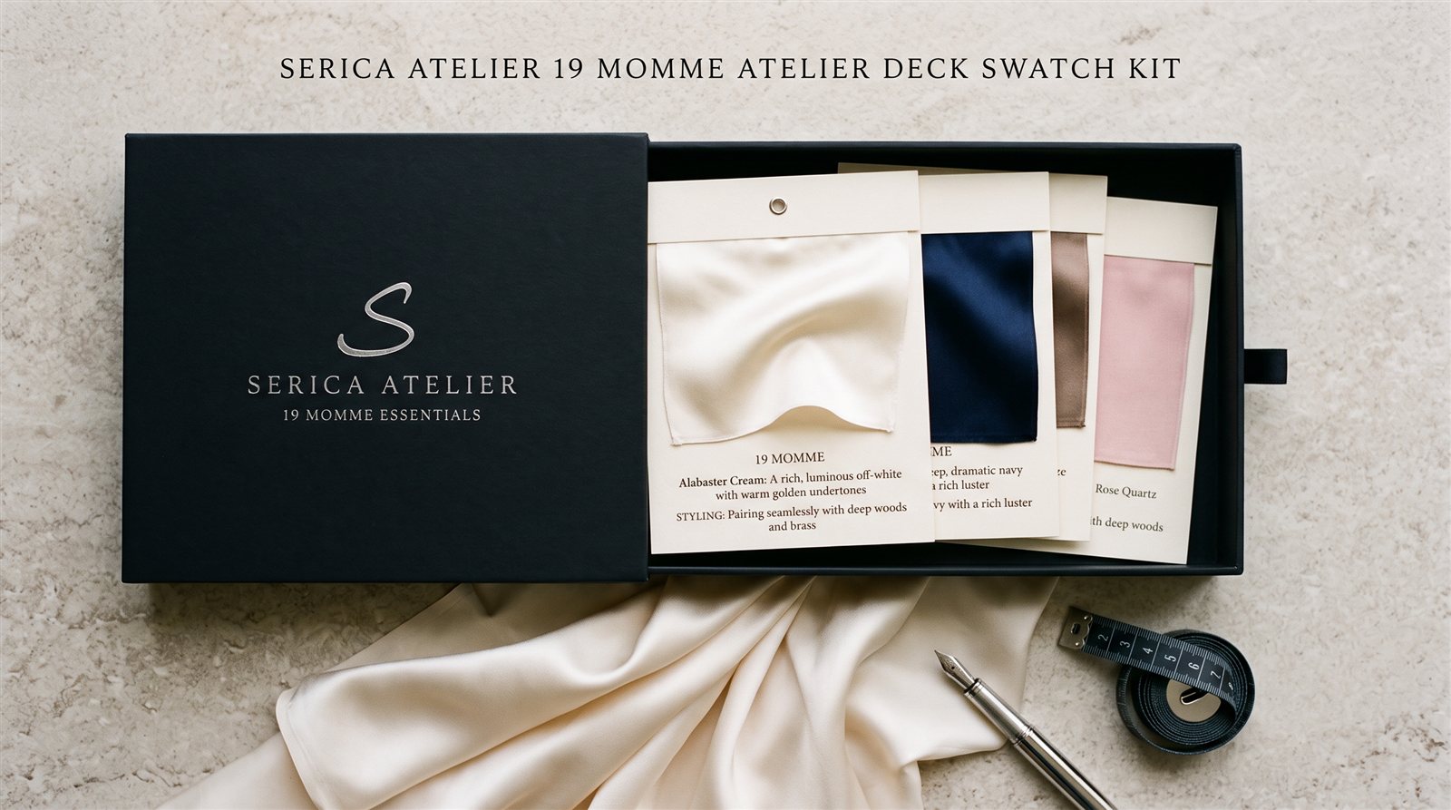 The Serica Atelier swatch kit: a black presentation box with silk swatch cards