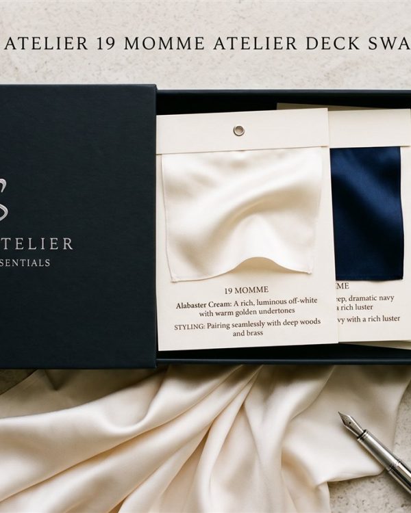 The Serica Atelier swatch kit: a black presentation box with silk swatch cards